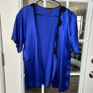Frederick's of Hollywood Royal Blue Satin Robe with Black Lace